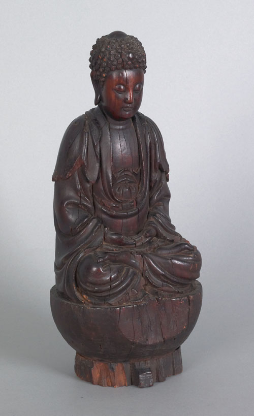 Appraisal: Carved wooden figure of Buddha early th c h