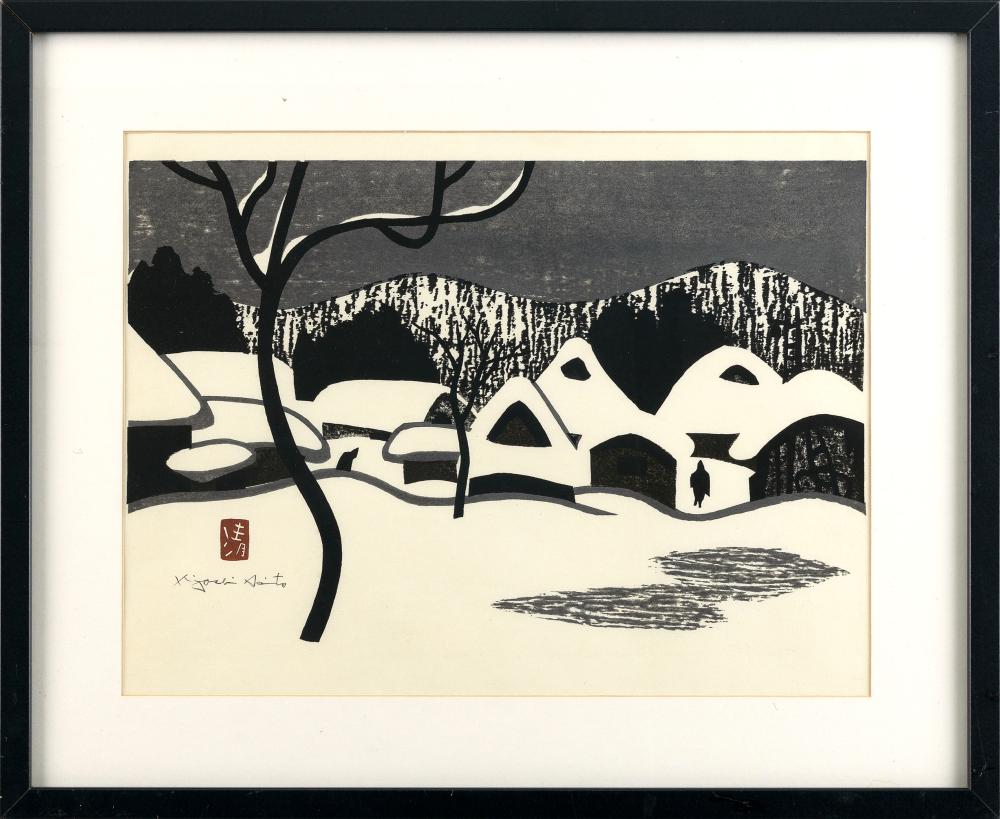 Appraisal: KIYOSHI SAITO JAPAN - VILLAGE IN SNOW WOODBLOCK PRINT OBAN