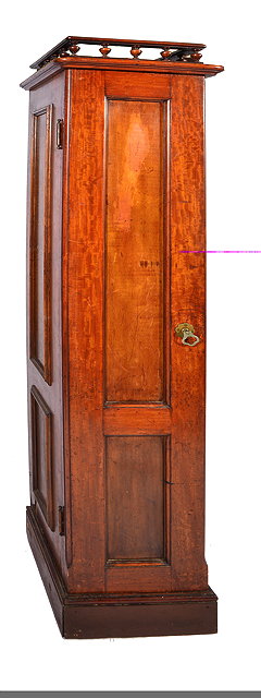 Appraisal: A VICTORIAN MAHOGANY NARROW CUPBOARD with galleried top panelled door