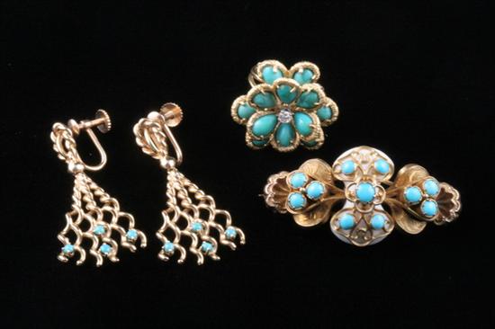 Appraisal: THREE PIECES YELLOW GOLD AND TURQUOISE JEWELRY Including pair k