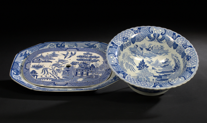 Appraisal: Three Pieces of English Blue Transfer-Printed Ironstone and Pottery first