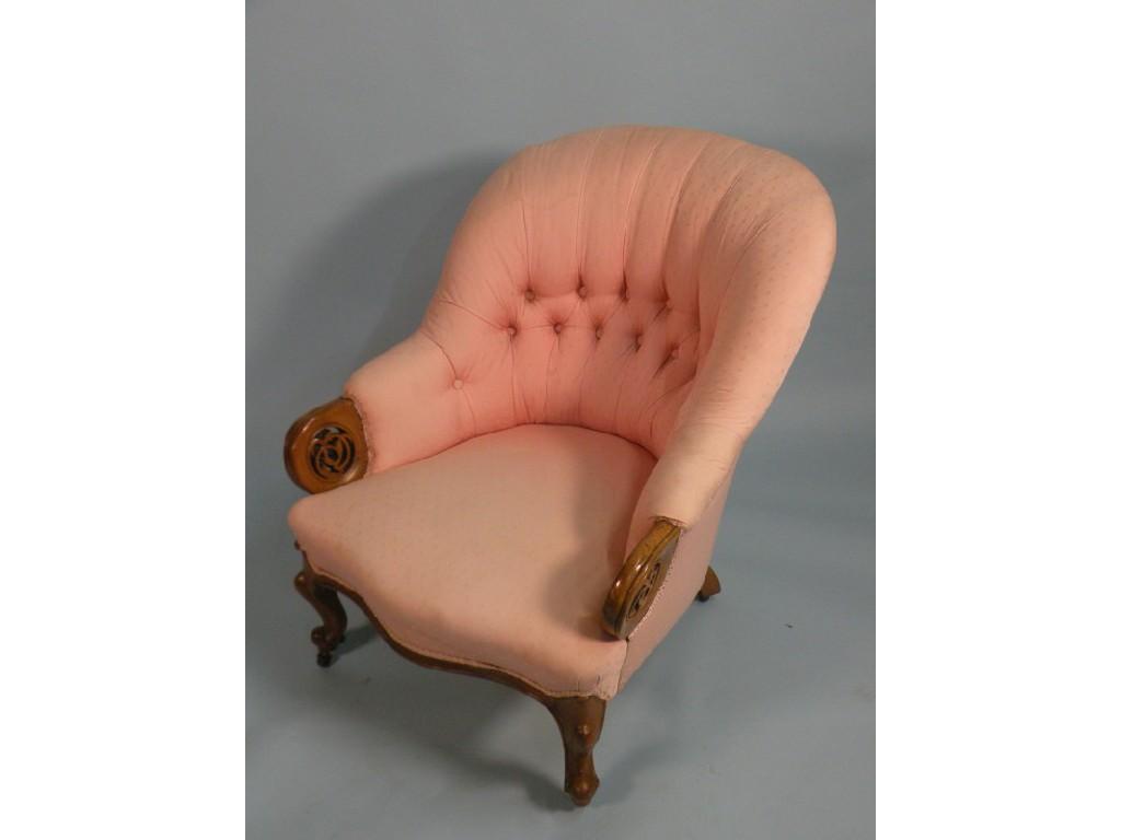 Appraisal: A thC walnut tub shaped chair with pink button back