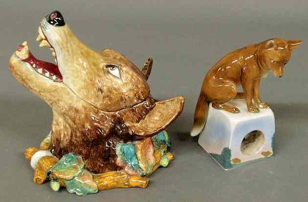 Appraisal: Ceramic fox head cookie jar h late th c signed