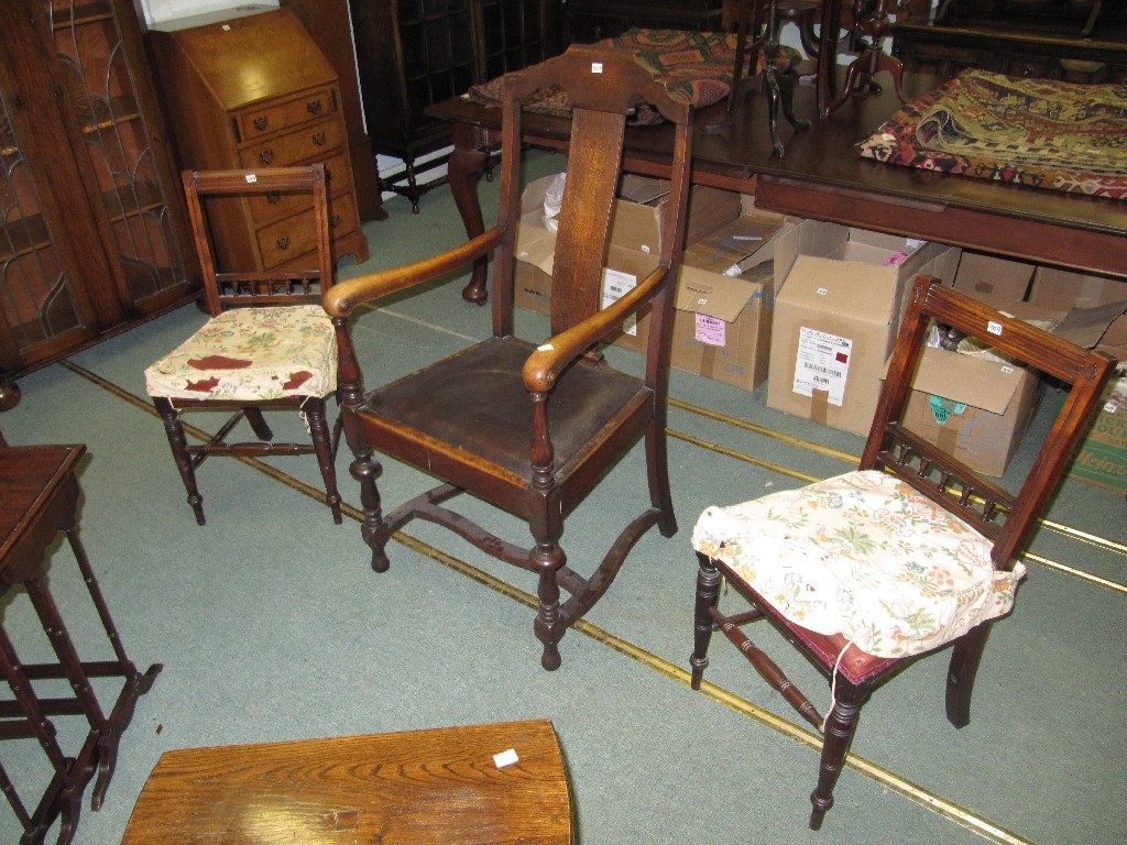 Appraisal: Oak elbow chair and a pair of mahogany bedroom chairs