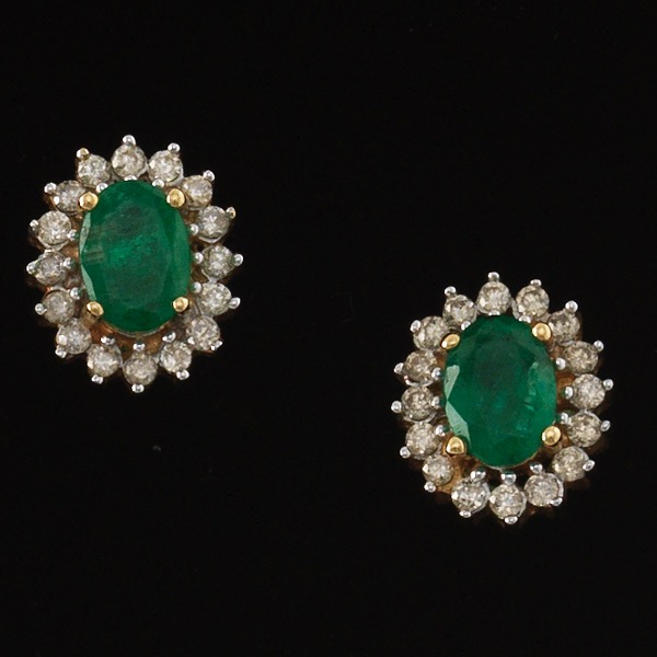 Appraisal: LADIES' EMERALD AND DIAMOND EARRINGS Oval cut emeralds total estimated