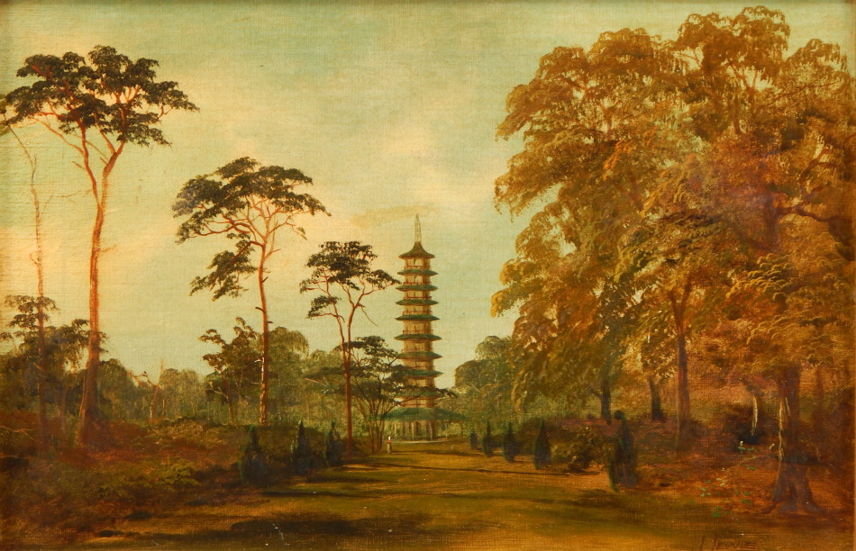 Appraisal: J Lewis th thC Pagoda in park scene oil on