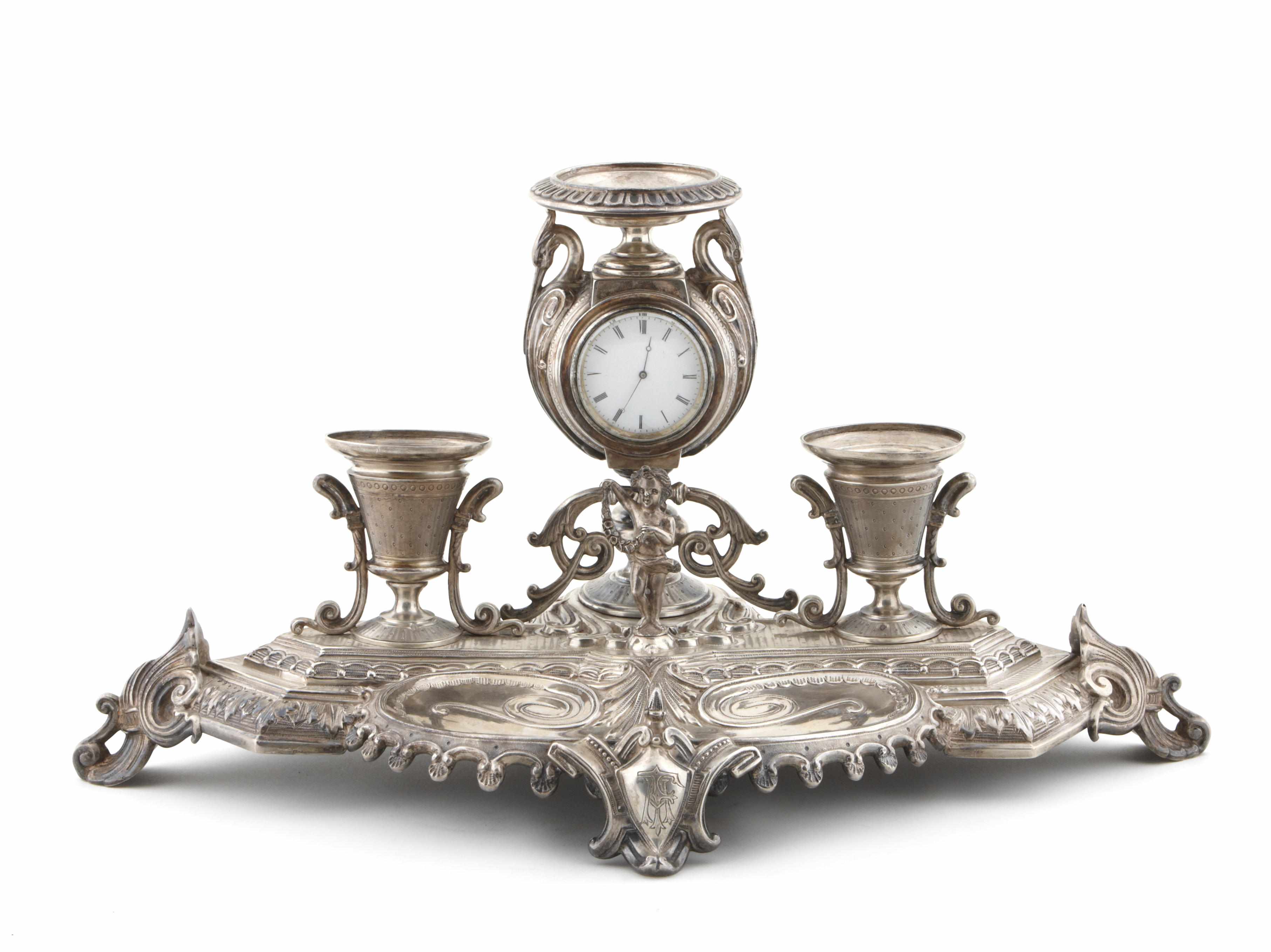 Appraisal: A French export standard silver desk stand incorporating a clock