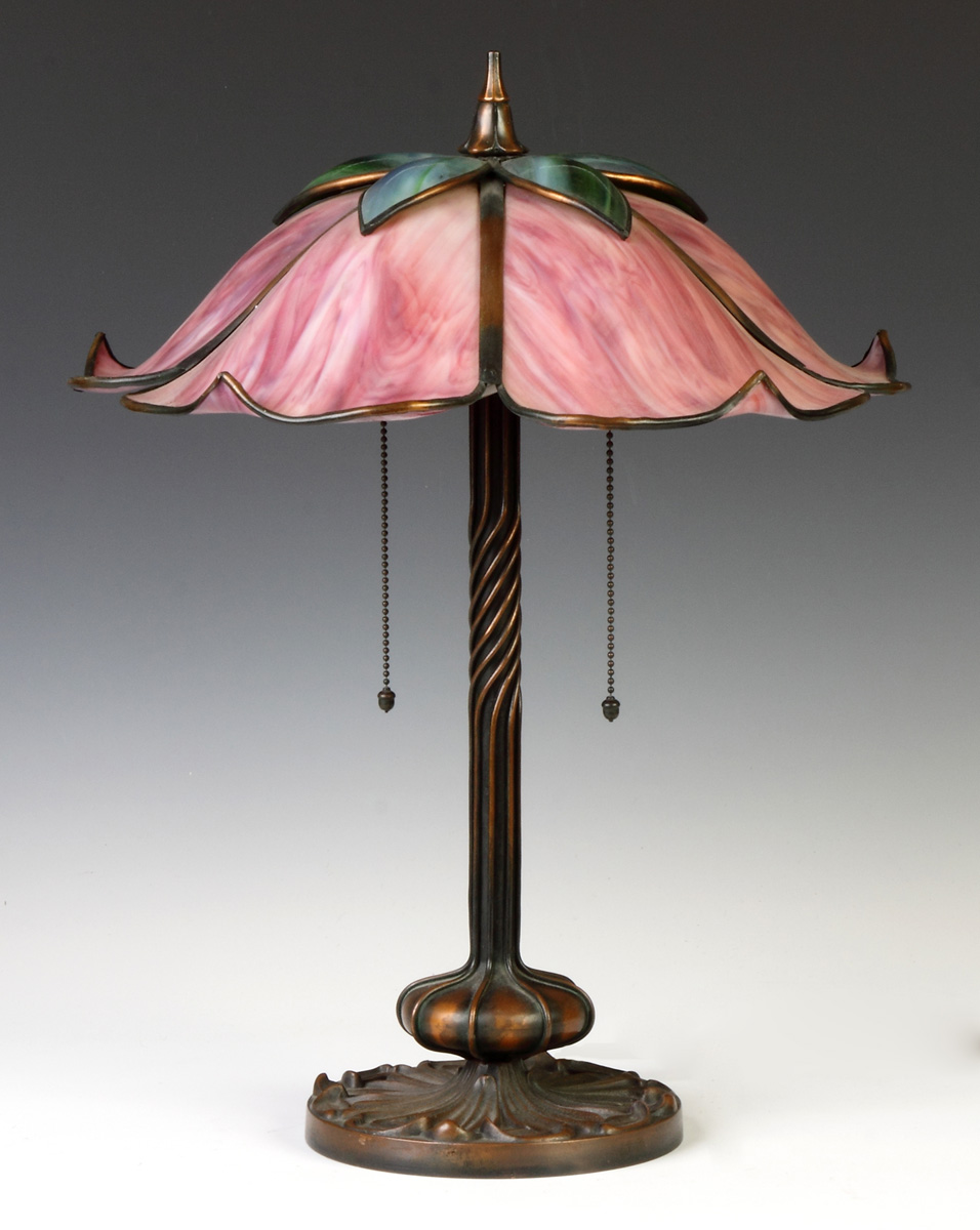 Appraisal: Unusual Albert Secrist Stylized Floral Panel Lamp Patinaed metal base