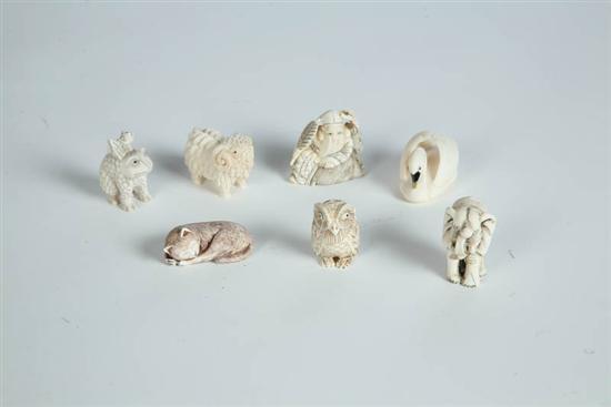 Appraisal: SEVEN NETSUKES Japan th century ivory Ram elephant owl swan