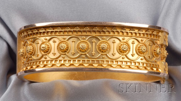 Appraisal: Etruscan Revival kt Bicolor Gold Bracelet the hinged bangle with