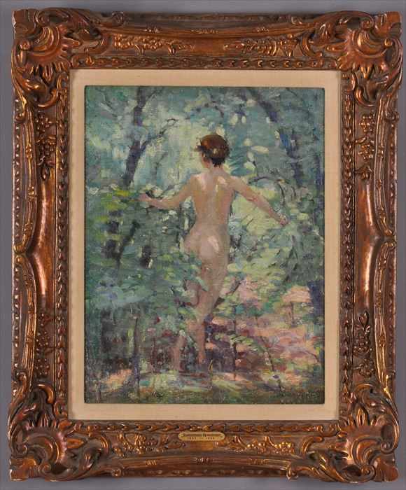 Appraisal: AMERICAN SCHOOL NUDE IN FOLIAGE Oil on canvas relined x