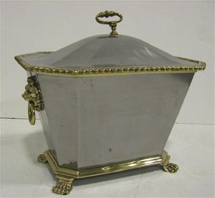 Appraisal: Steel and brass coal scuttle Of sarcophagus form with lion