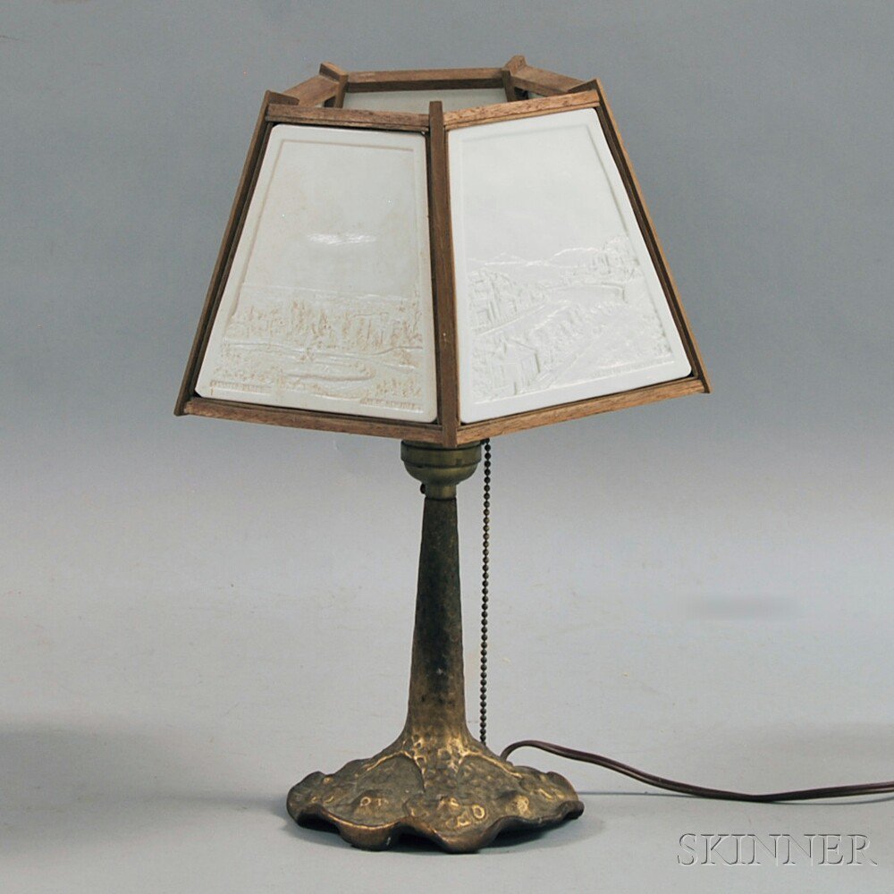 Appraisal: Gilt Iron Table Lamp with Lithophane-style Shade shade with relief