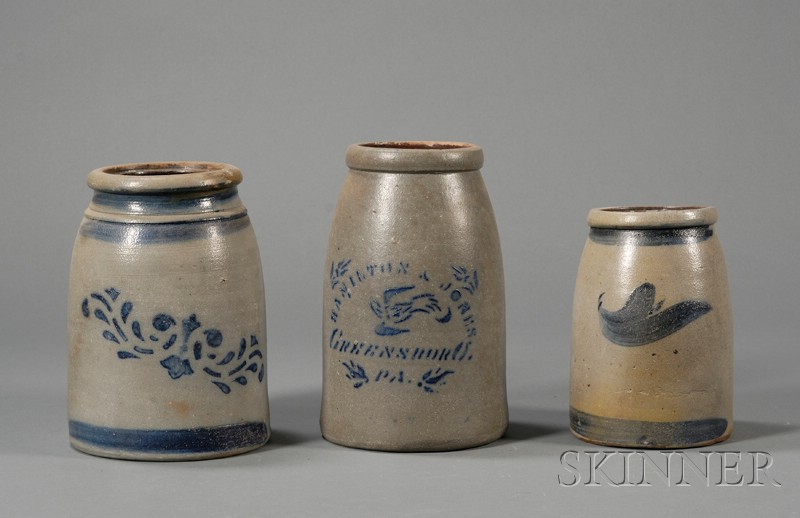 Appraisal: Three Cobalt-decorated Stoneware Jars America late th century one stencil-decorated