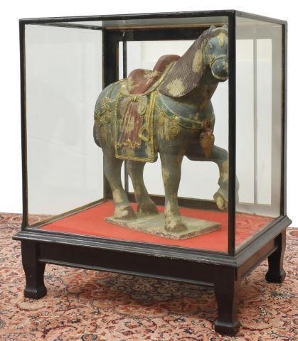 Appraisal: Chinese Tang style carved and polychrome painted wood horse housed