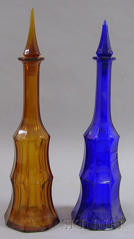 Appraisal: Pair of Moser Cobalt and Amber Glass Decanters etched mark