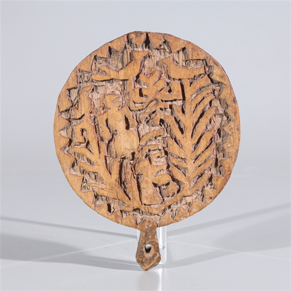 Appraisal: Carved wood African circular tribal plaque with figures and foliate