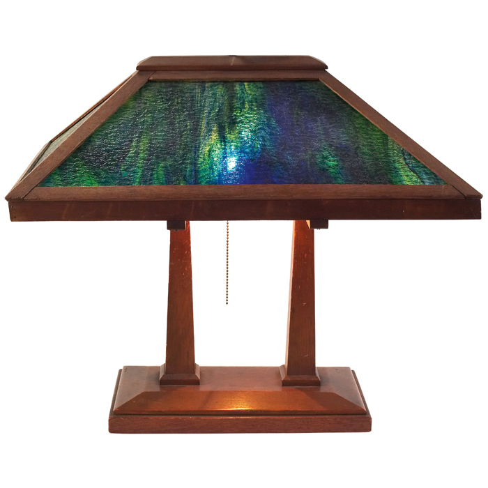 Appraisal: Prairie School table lamp pyramidal shade with green blue slag