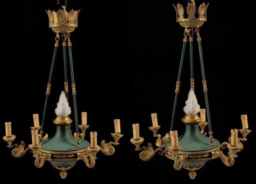 Appraisal: pair Empire style six-light chandeliers in need of wiring approx