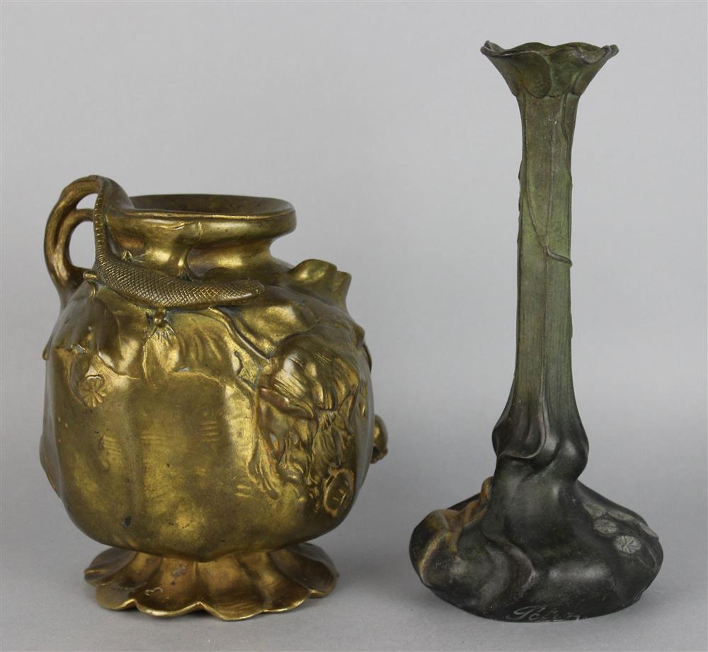 Appraisal: TWO ART NOUVEAU VASES ONE BRONZE AND ONE PEWTER the