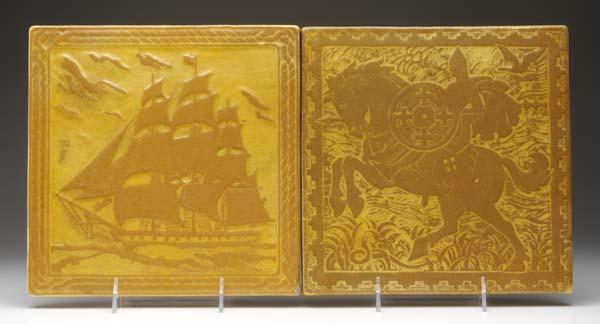 Appraisal: MARBLEHEAD Two large tiles covered in matte yellow glaze one