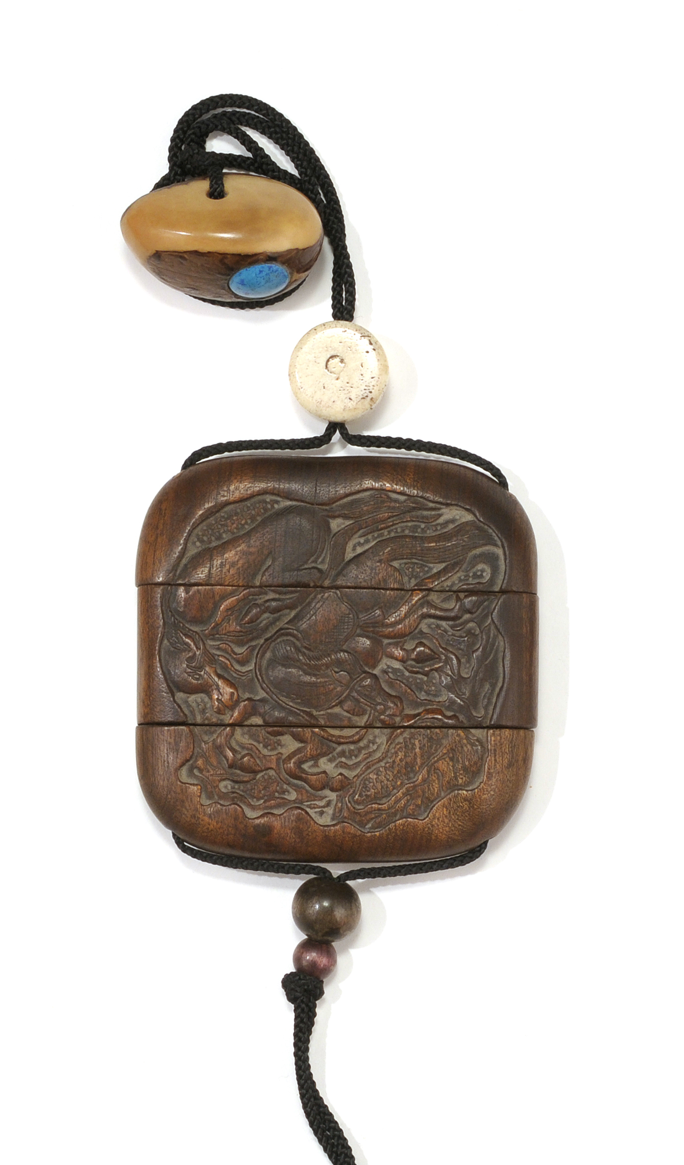 Appraisal: CARVED BOXWOOD INRO Meiji PeriodIn square form with three compartments