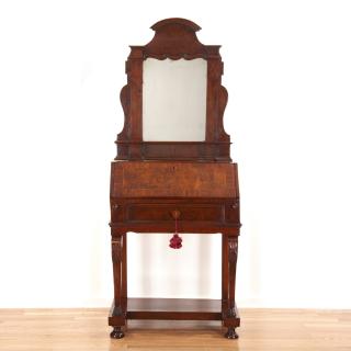 Appraisal: Italian burr walnut slant front secretary mirror Italian burr walnut