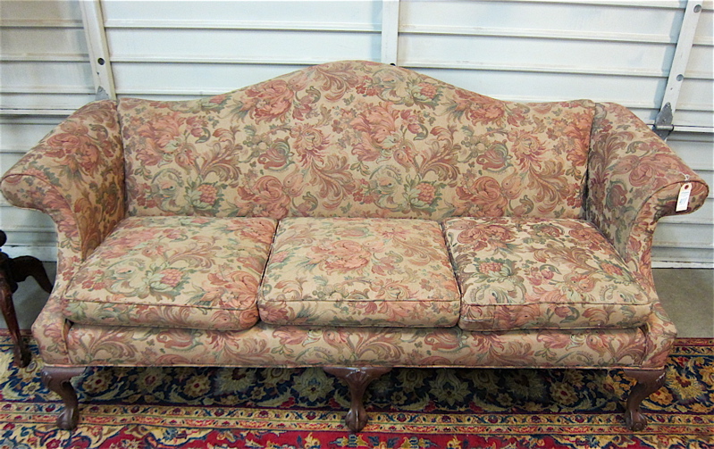 Appraisal: CHIPPENDALE STYLE CAMEL-BACK SOFA American th century having floral tapestry