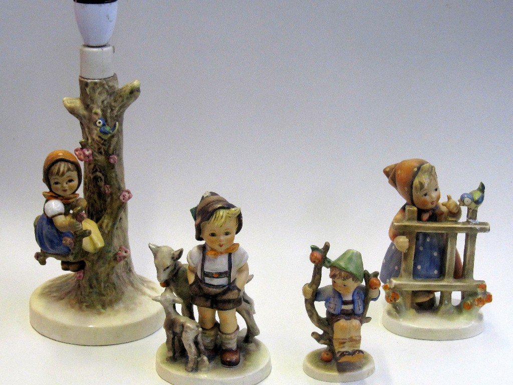 Appraisal: Hummel Apple Tree Girl lampbase tmk and three Hummel figures