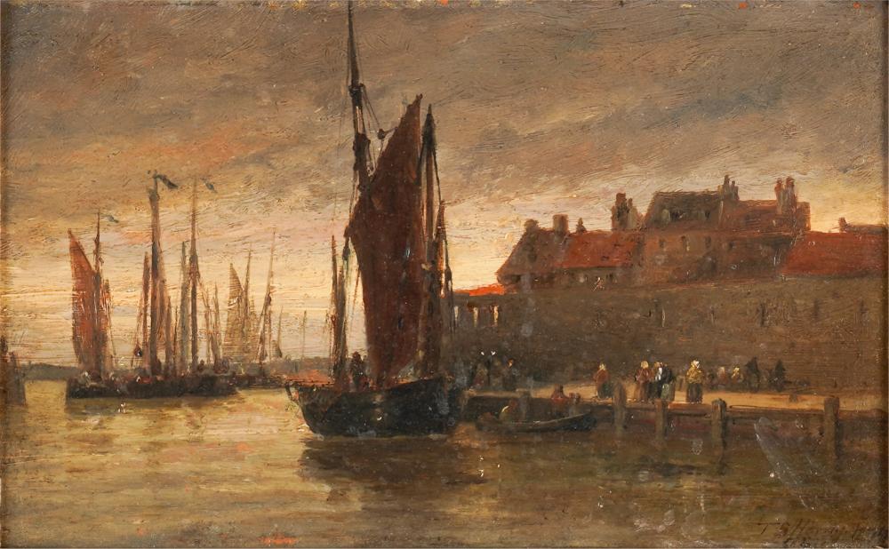 Appraisal: THOMAS HARDY - HARBOR SCENE WITH BOATS oil on board