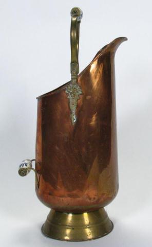 Appraisal: Antique copper coal hod with Delft porcelain handle and brass