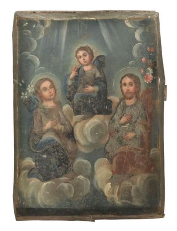 Appraisal: Oil on tin retablo La Sagrada Familia The Holy Family