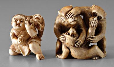 Appraisal: Two Japanese ivory netsukes the Three Wise Monkeys wrestling inlaid