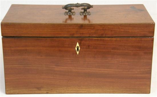 Appraisal: th century mahogany tea caddy interior with two compartments with