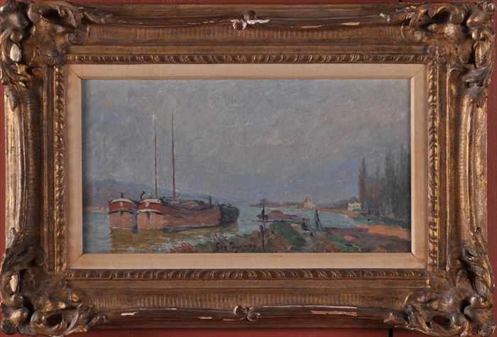 Appraisal: EUROPEAN SCHOOL MOORED RIVER BOATS Oil on canvas x in