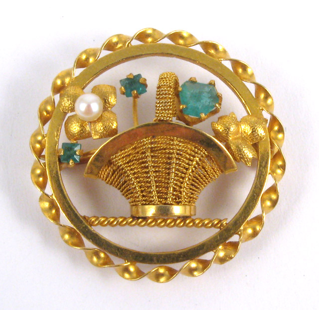 Appraisal: EMERALD SEED PEARL AND YELLOW GOLD BROOCH k yellow gold