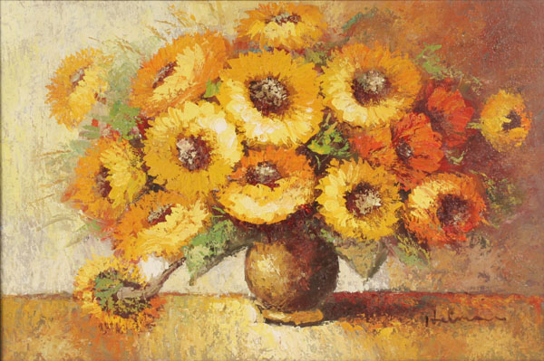 Appraisal: Floral still life with sunflowers oil on canvas x signed