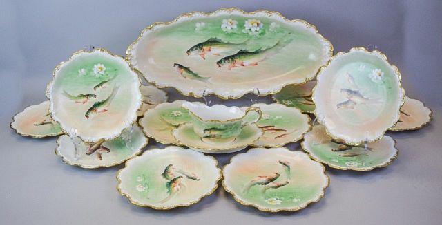 Appraisal: Piece Limoges Porcelain Fish Set Hand painted Flambeau France Limoges