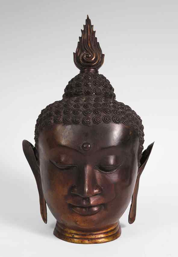 Appraisal: BRONZE BUDDHA BUST Thin cast bronze age unknown '' h