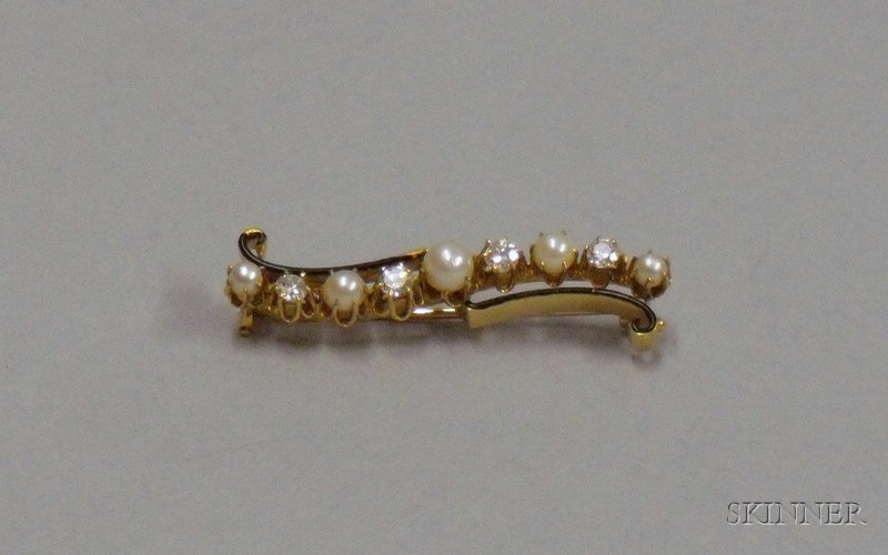 Appraisal: Antique kt Gold Cultured Pearl Diamond and Enamel Scroll Brooch