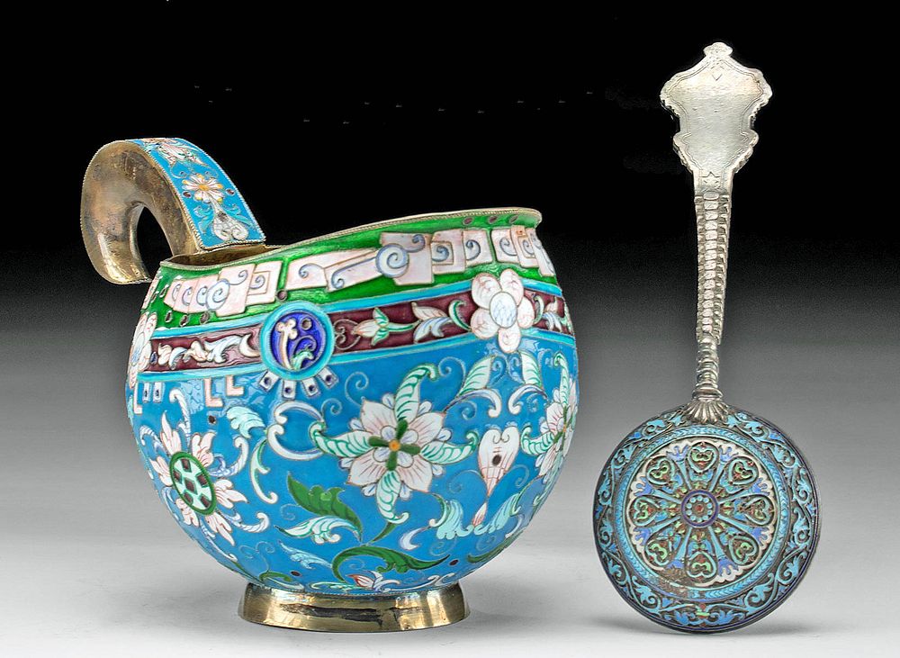 Appraisal: th C Russian Cloisonne Gilt Silver Kovsh w Spoon Eastern