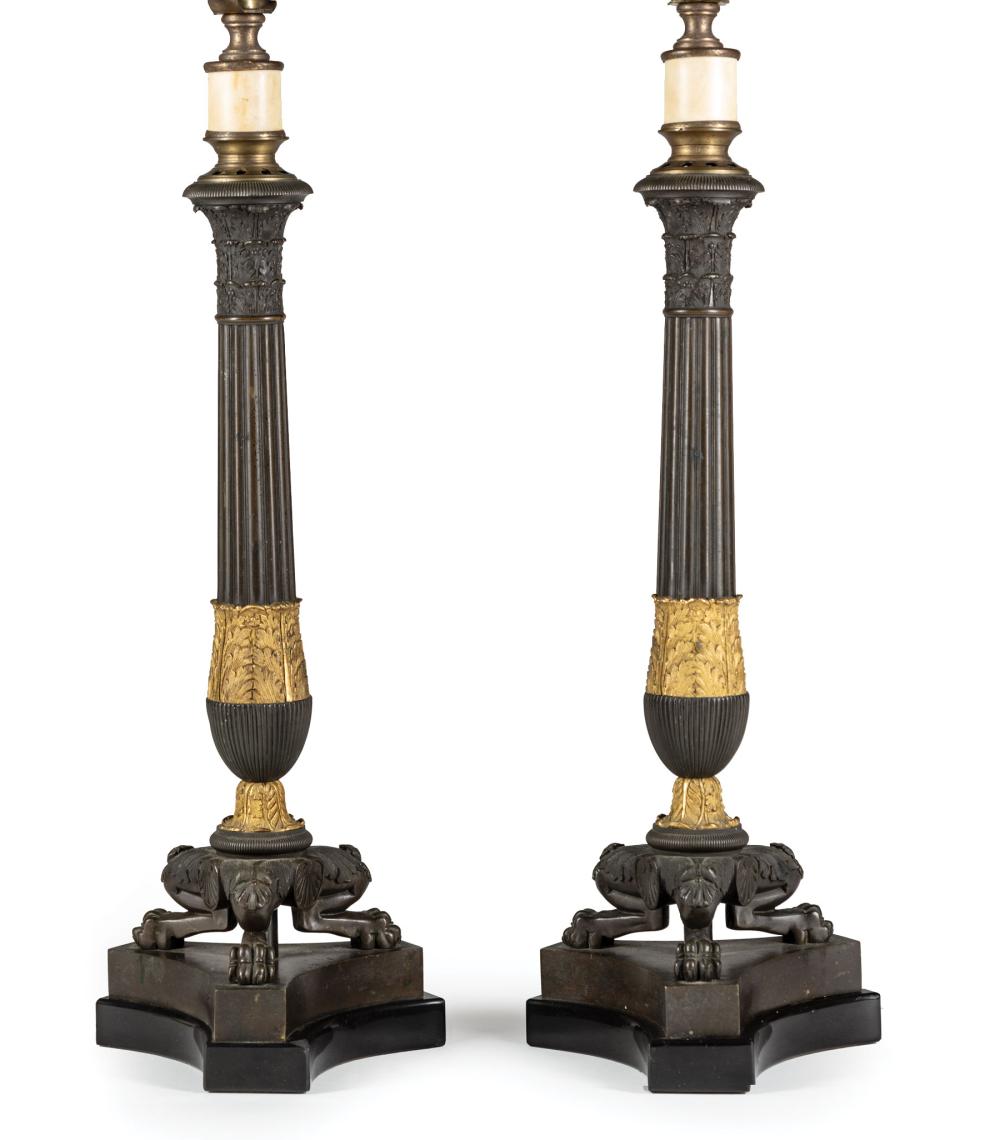 Appraisal: Pair of Charles X-Style Gilt and Patinated Bronze Candle Standards