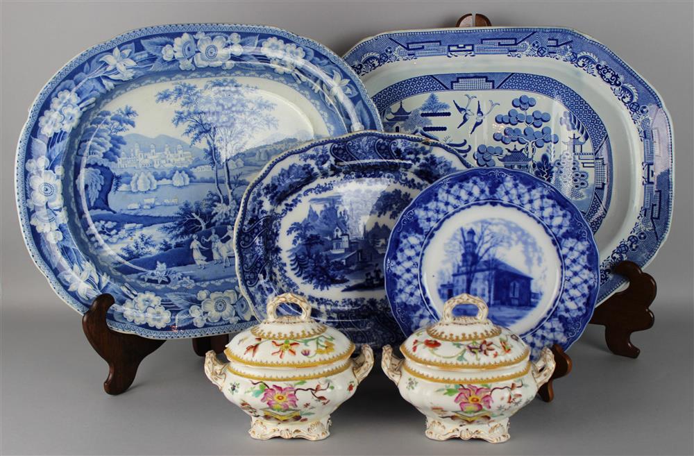 Appraisal: THREE ENGLISH BLUE AND WHITE SERVING PIECES late th early