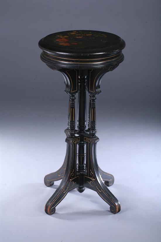 Appraisal: EASTLAKE PAINTED STONE-TOP PEDESTAL STAND late th century ebonized with