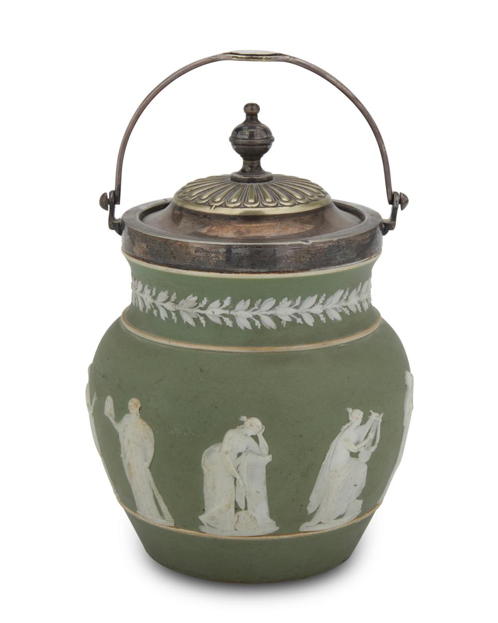 Appraisal: A Wedgwood green jasperware biscuit barrel Late th century Base