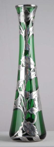 Appraisal: Sterling Silver Overlay Green Glass Vase Description No damage Condition