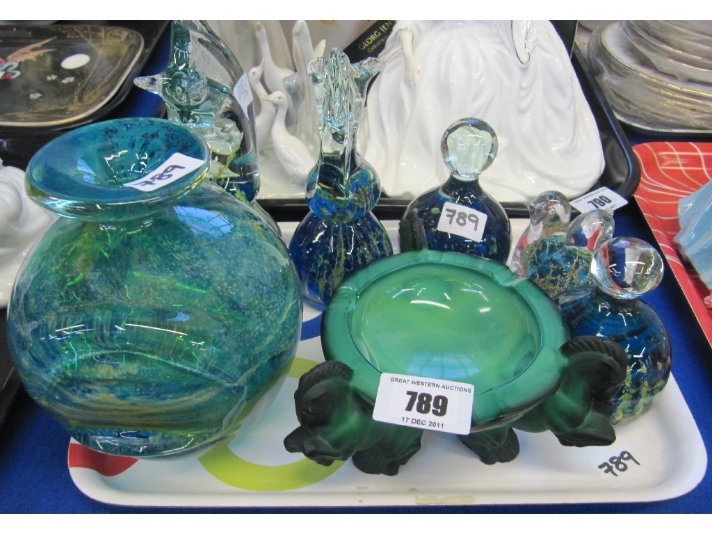 Appraisal: Malachite glass ashtray Mdina glass vase and five paperweights