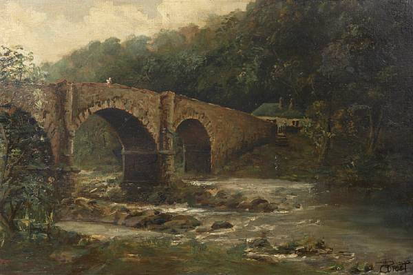 Appraisal: English School A river landscape with a stone bridge and