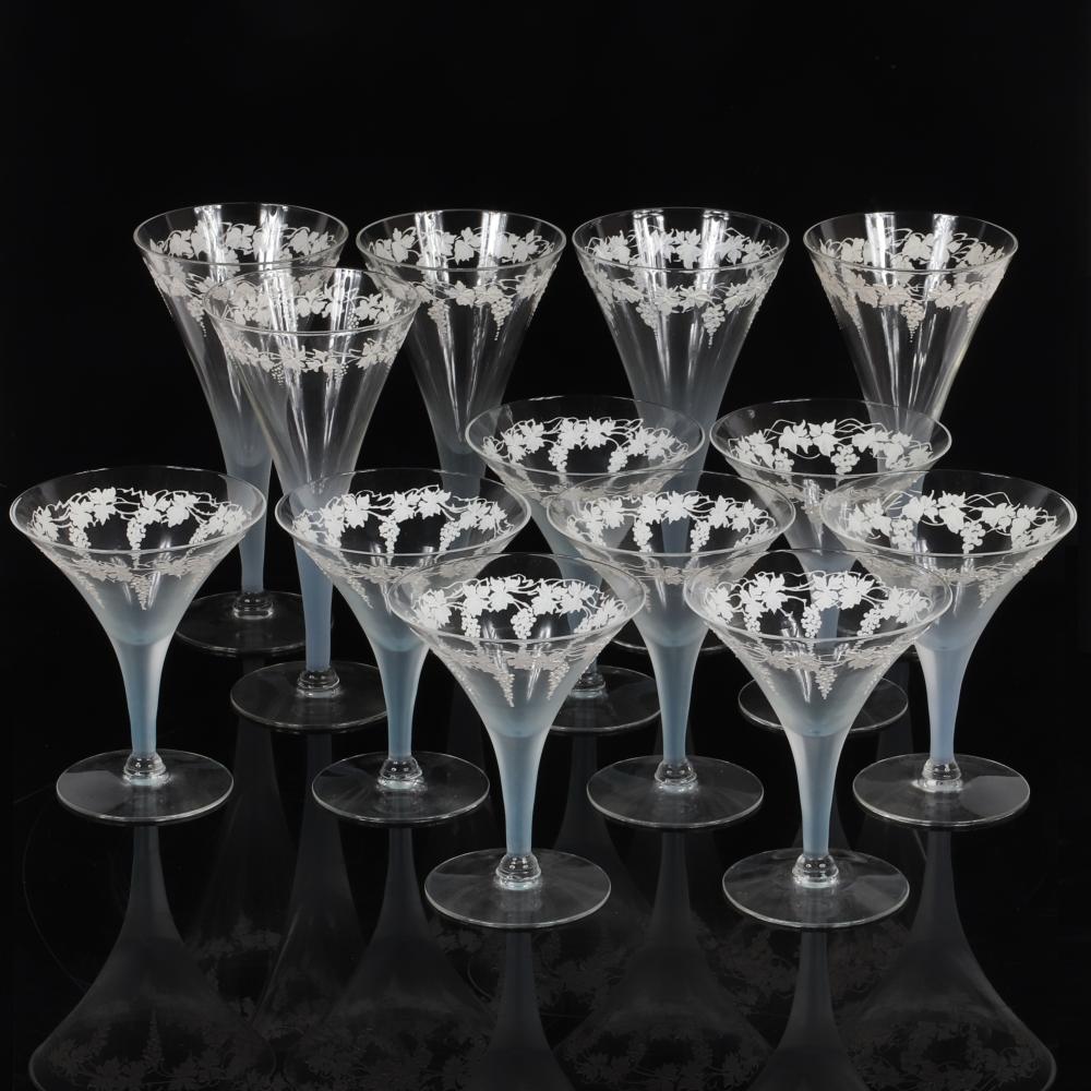 Appraisal: DOROTHY THORPE BLUE STEM CRYSTAL STEMWARE WITH WHITE ENAMELED GRAPEVINE