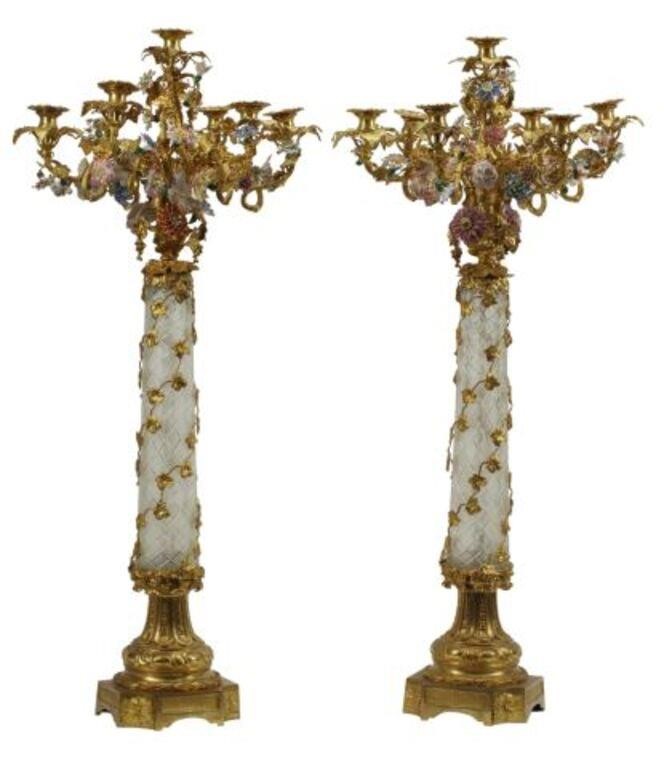 Appraisal: pair Bronze dore candelabra with applied porcelain flowers cut crystal